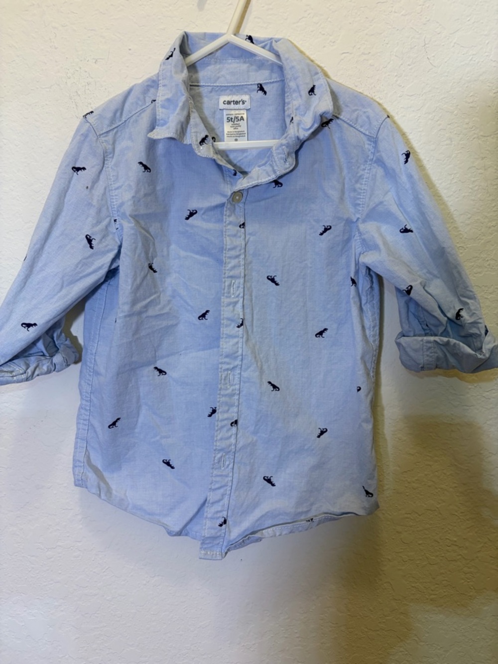 Carter's Light Blue Button-Down Shirt with Navy Dino Embroidery
